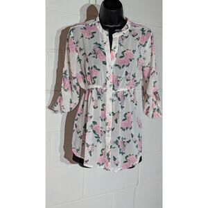 Bongo Floral Print Sheer Blouse Button Down Top 3/4 Sleeve Tunic Medium